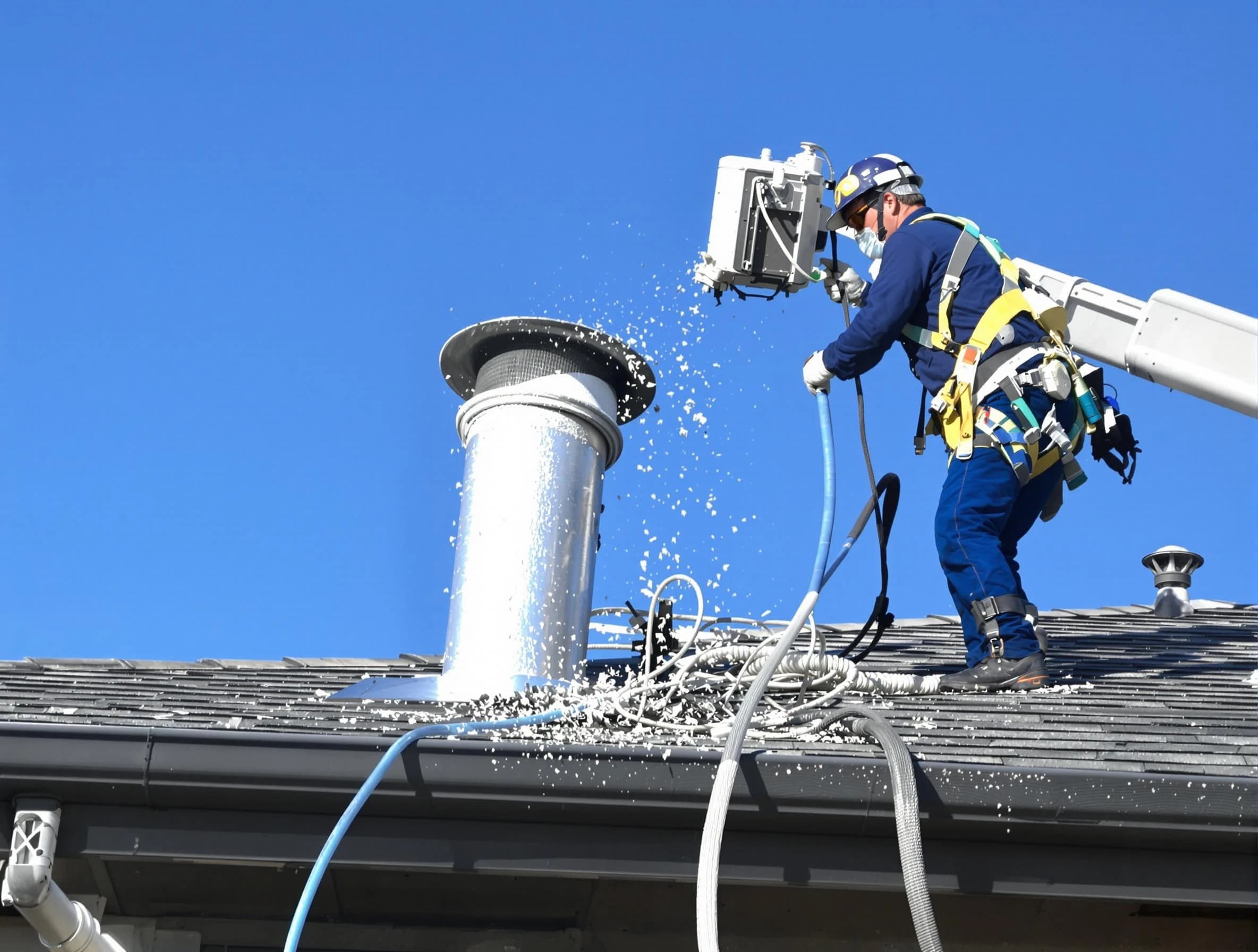 Northglenn Dryer Vent Cleaning certified technician safely cleaning a roof-mounted dryer vent in Northglenn